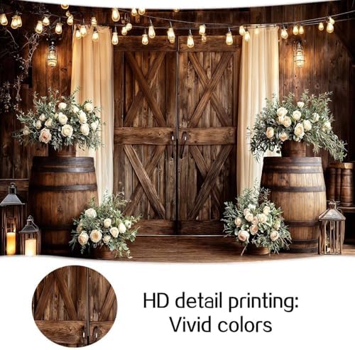 15X10FT Western Country Wedding Backdrop Rustic Barn Door White Flower Bridal Photography Backdrop Farmhouse Shabby Chic Countryside Wedding Party Banner Anniversary Floral Photo Props Background - Image 7