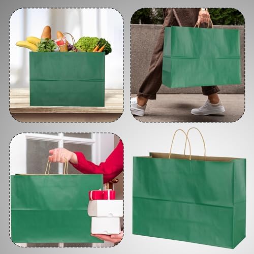 BLEWINDZ 70Pcs Large Paper Bags with Handles, 16x6x12 Inches Dark Green Paper Shopping Bag for Small Business, Large Kraft Gift Bags Bulk for Grocery Mechandise Retail - Image 2