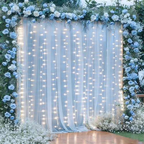 10×10ft Blue Tulle Backdrop Curtain with Lights String for Parties, Sheer Photo Curtain Backdrop Drapes for Wedding Party Photography Backgrounds by WishCare