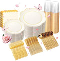 350Pcs Ivory Gold Rim Heavy Duty Plastic Plates Dinnerware Set by WWONDERFUL