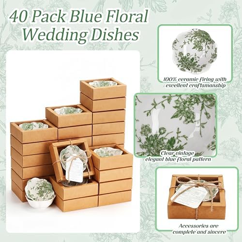 Teenyyou 40 Pack Wedding Favors for Guests Small Ceramic Bowls Bulk Gifts Set 3.3 Inch Sage Green Verdure Design Mini Dipping Bowl Sauce Dish with Cards Box for Party Shower Favor Souvenir - Image 3
