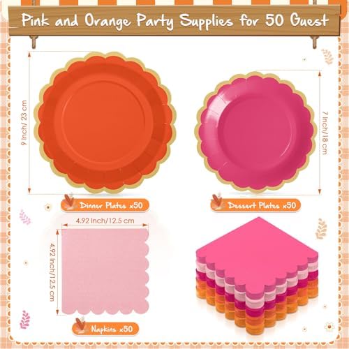 Zhehao 150 Pcs Pink and Orange Paper Plates Napkins Serves 50 - Image 3