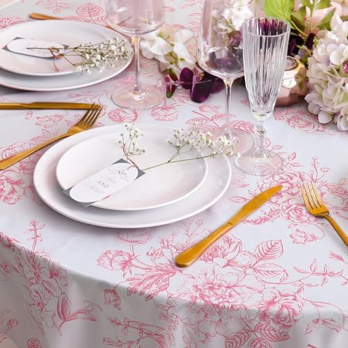 Ganeen 12 Pcs Pink Floral Plastic Tablecloth 84 Inch Round Tea Party Tablecloth Vintage Flower Disposable Pink and White Table Covers Waterproof for Birthday Wedding Baby Shower Decoration - Image 4