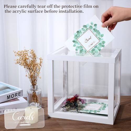 Menkxi Clear Wedding Card Box with Slot 10 x 10 x 8.5 Large Acrylic Card Box for Party Wooden Envelope Holder with Sign for Wedding Quinceanera Birthday Baby Shower Decorations(White,Wood) - Image 5