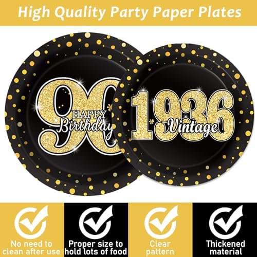 200PCS 90th Theme Birthday Party Tableware Vintage 1936 Party Supplies 90 year old Birthday Party Decorations Plates Napkins Forks Black and Gold Dinnerware Favors for Men or Women - Image 3
