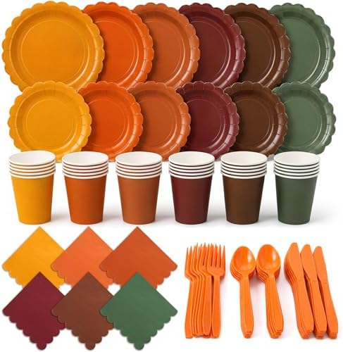 Yaomiao 168 Pcs Fall Party Supplies Autumn Dinnerware Plates Cups Napkins by Yaomiao