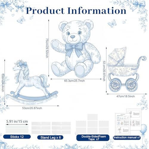 3Pcs Blue Toile de Jouy Baby Shower Decorations, Blue Bear Rocking Horse Carriage Cardboard Cutouts Gender Reveal Photo Booth Props Corrugated Plastic Nursery Toile De Jouy Decor Birthday Party - Image 2