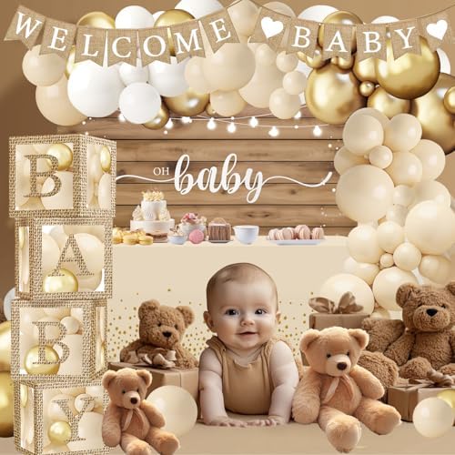 Boho Baby Shower Decorations - BOHO Balloon Garland Arch Kit, Rustic Farmhouse Style Transparent Baby Boxes with Letters, Welcome Baby Banner, Backdrop Tablecloth for Gender Reveal - Image 5