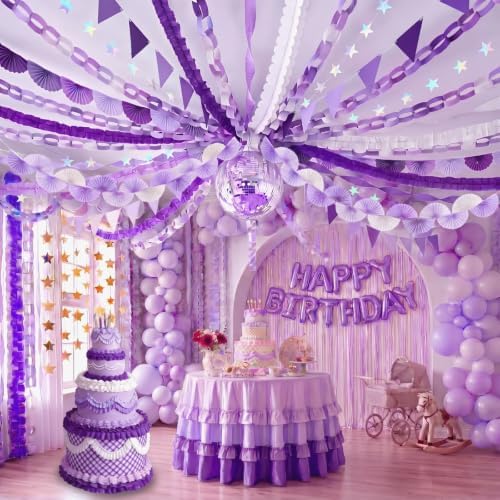 TaoBary Purple Baby Shower Decorations, 6 Roll Purple Streamers 600 Paper Chain Garland 4 Star Hanging 2 Felt Pennant Flag 2 Paper Fans Garland 6 Four Leaf Clover Streamer for Butterfly Birthday Party by TaoBary