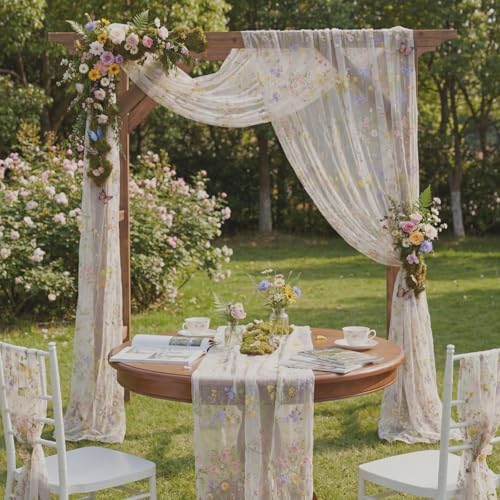 Ivory White Floral Table Runner 10ft Embroidery Tulle Spring Wildflower Table Runner Seasonal Summer Butterfly Kitchen Dining Gauze Decoration for Wedding Baby Shower Birthday Party (3 Pcs) - Image 3