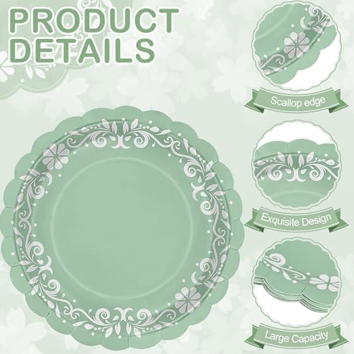 100 Pcs Sage Green Platos De Barro Mexicanos Paper Plates 9 Inches Cielito Lindo Party Decoration Disposable Scalloped Cinco De Mayo Paper Plates for Fiesta Mexican Talavera Baby Shower Supplies - Image 3