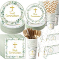 Ceenna 452 Pcs First Communion Party Decoration Boy for 50, Green Baptism Paper Plate Napkin Cup Tablecloth Cutlery Straw God Bless Disposable Tableware for Christening Religious Baby Shower Supplies by Ceenna
