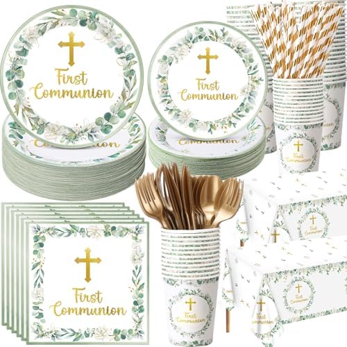 Ceenna 452 Pcs First Communion Party Decoration Boy for 50, Green Baptism Paper Plate Napkin Cup Tablecloth Cutlery Straw God Bless Disposable Tableware for Christening Religious Baby Shower Supplies by Ceenna