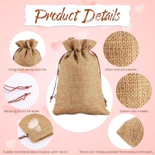 Woanger 100 Pcs Drawstring Burlap Gift Bags 4x6'' with Tags, Dark Brown - Image 3