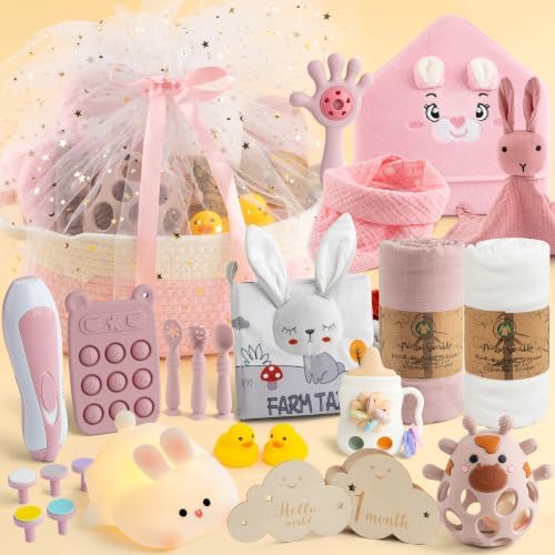 Baby Shower Gifts for Girls, 26 Piece Deluxe Baby Gift Basket - Baby Girl Gift Basket with Bunny Night Light, Electric Nail Trimmer, Bath Towe, Rattle & Milestone Cards for New Mom(Pink) by Unknown