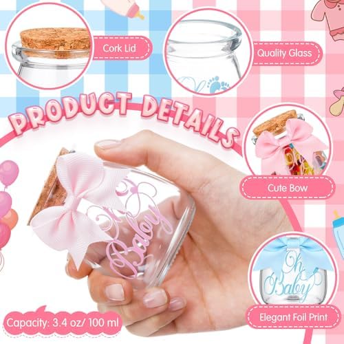 Funnymoom 24 Sets Baby Shower Bottles Favors for Guests Glass 100 ml Milk Jar with Ribbons and Stickers Decorations for Gender Reveal Newborn Centerpiece Party Favor(Pink Blue,Baby) - Image 3