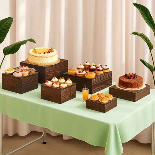6-Pack Wood Risers Display Stands, Multi-Height Food Risers for Buffet Table, Rustic Wooden Cake & Cupcake Stands for Party, Birthday, Wedding, Halloween Decor - Image 2