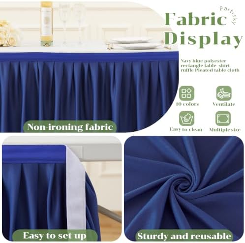 Partisky Navy Blue Polyester Table Skirt for Rectangle Tables 17ft, Wrinkle Resistant Pleated Ruffle Table Cloth for Banquet Wedding Display Dining Table - Image 6