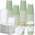 48 Set 16oz Sage Green Disposable Coffee Cups with Lids & Sleeves, White Floral Wildflowers Paper Drinking Cups for Wedding Bride Baby Shower Party by Sunnychicc
