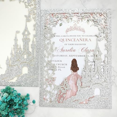 20PCS Castle Pocket Invitations, Quinceanera Invitations with Envelopes, Princess Invitation, Laser Cut quince invites (glitter silver) - Image 3