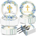 200pcs God Bless Plates Napkins Baptism Paper Tableware Set First Holy Communion Cake Dessert Disposable Dinnerware Blue Floral Party Decoration for Christening Birthday Decor Supplies Serves 50 by Naozinebi