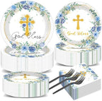 200pcs God Bless Plates Napkins Baptism Paper Tableware Set First Holy Communion Cake Dessert Disposable Dinnerware Blue Floral Party Decoration for Christening Birthday Decor Supplies Serves 50 by Naozinebi