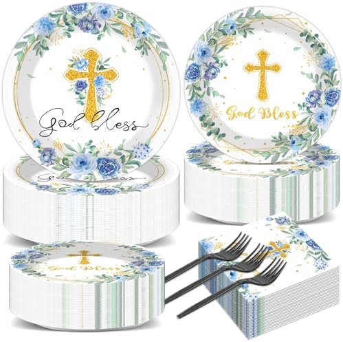 200pcs God Bless Plates Napkins Baptism Paper Tableware Set First Holy Communion Cake Dessert Disposable Dinnerware Blue Floral Party Decoration for Christening Birthday Decor Supplies Serves 50 by Naozinebi