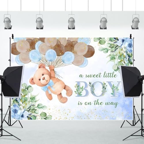 8x6ft Blue Bear Baby Shower Backdrop A Sweet Little Boy is On The Way Photography Background Baby Shower Banner for Boy Bear Party Decorations Newborn Photo Props - Image 4