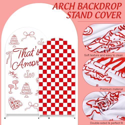 FYSUIMU 2 Pcs That's Amore Arch Backdrop Covers Red Plaid Pizza Pasta Stretchy Spandex Arch Stand Fabric Cover for Italian Party Wedding Bridal Shower Bachelorette Engagement Decorations (5ft/6ft) - Image 3