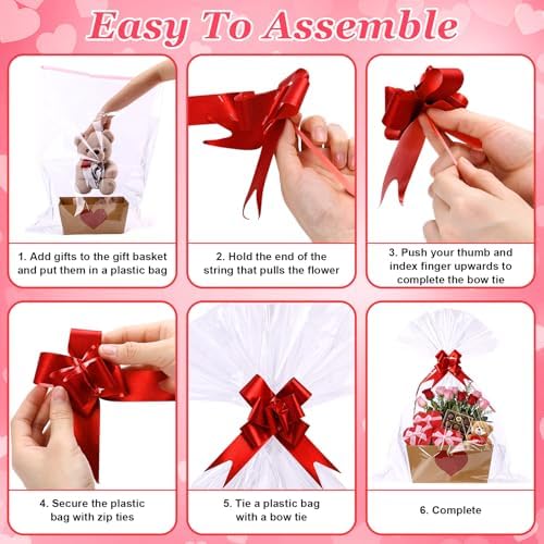 Funnymoom 24 Pcs Red Heart Basket for Gifts Empty Red Love Heart Gift Basket Empty to Fill with Handle, Transparent Bag and Bow for Teacher Summer Xmas Wedding Party Favor Supplies, 9.8 x 6.5 x 4.3'' - Image 4