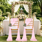 QueenDream Pink Chair Sashes Wedding: 16 Pieces Long Sheer Wedding Aisle Chair Decorations Tulle Chairs Covers with Artificial Eucalyptus - Image 2