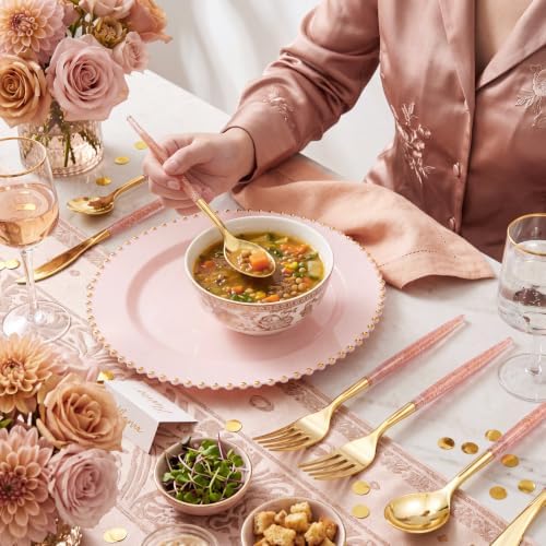 Supernal 102Pcs Pink Gold Plastic Cutlery Set Heavy Duty Utensils for Party - Image 2