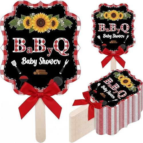 Huwena 50 Sets BBQ Baby Shower Fans Bulk for Guests Hand Fans with Red Bow Handheld Fan Baby Q Shower Favors Gifts for Summer BBQ Party Favors by Huwena