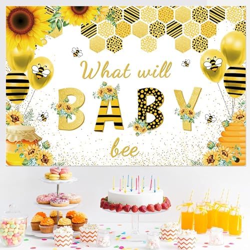 Fabric 10x8ft Bee Baby Shower Backdrop Honey Bee Themed Baby Shower Party Decoration Photography Background Sunflower Honeycomb What Will Baby Bee Gender Reveal Party Banner Decor - Image 4