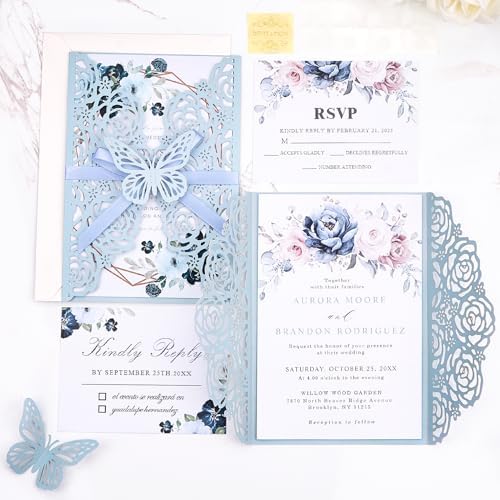 50 Wedding Invitations Butterfly Invitations Pocket with Blank Inner Cards - Image 7