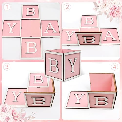 4 Set Baby Shower Centerpieces for Tables - 6 inch Wooden Boxes with Baby Letters Rustic Cube Planter Wood Blocks for Gender Reveal Party Favor (Pink) - Image 4