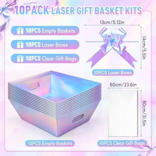 AFOROEOA 10 PACK Laser Gift Baskets for Gifts Empty, 12x10x4” Holographic Iridescent Gift Basket Kit with 10 Bows & 10 Bags - Large Empty Gift Baskets to Fill for Christmas, Weddings, Birthdays, Holiday Gifting Hampers - Image 2