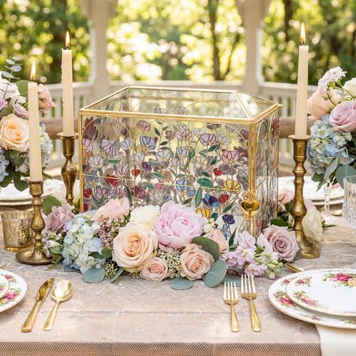 Patelai Floral Stained 12.6 Inch Large Wedding Glass Card Box with Slot - Image 3