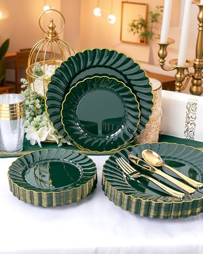 YOUBET 175PCS Green Scalloped Plastic Plates for Party Wedding - Image 4