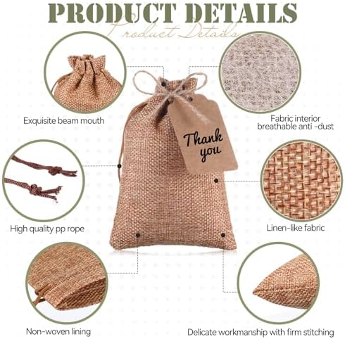 Woanger 100 Pcs Drawstring Burlap Gift Bags 4x6'' with Tags, Brown Green - Image 3