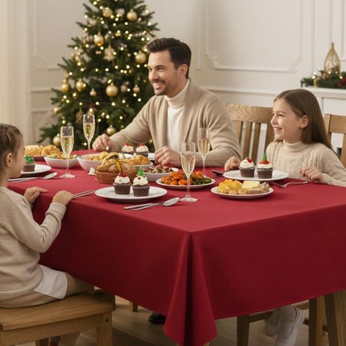 Fitable 2 Pack Christmas Red Faux Linen Tablecloths Rectangle 60x120 Inch - Image 3