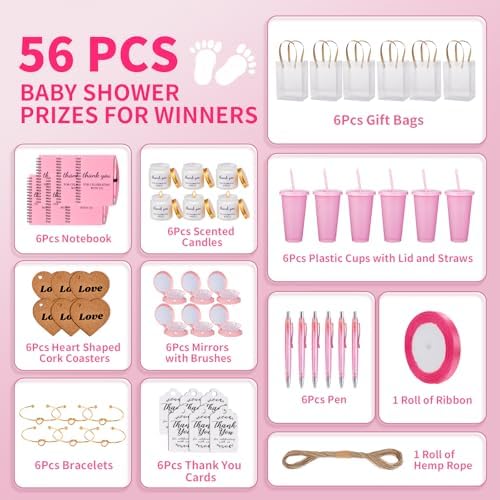 56Pcs Baby Shower Prizes for Game Winners Baby Shower Favors Gifts including Plastic Tumbler Notebook Scented Candles Ballpoint Pen Mirrors with Hair Brushes Bracelet Gift Bag (Pink) - Image 2