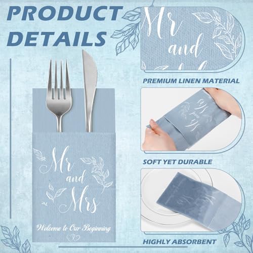 Potchen 100 Pcs Linen Feel Napkins Disposable, Blue Mr and Mrs - Image 3