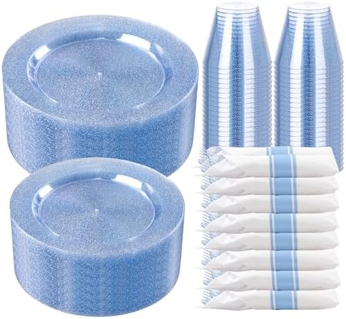 DaYammi 350PCS Blue Glitter Plastic Dinnerware Set for 50 Guests by DaYammiwillaccompanyyou