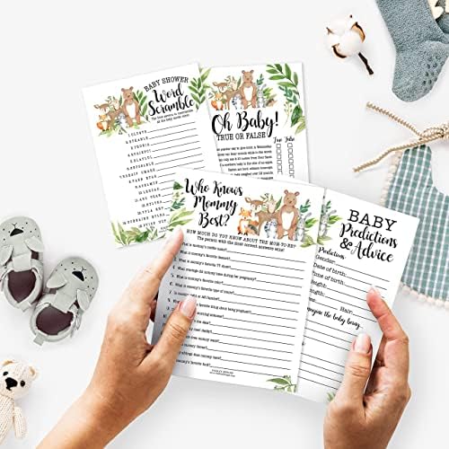 25 Woodland Who Knows Mommy Best, Baby Prediction And Advice Cards, 25 Word Scramble For Baby Shower, True Or False - 4 Double Sided Cards Baby Shower Ideas, Gender Reveal Games Baby Shower Games - Image 2