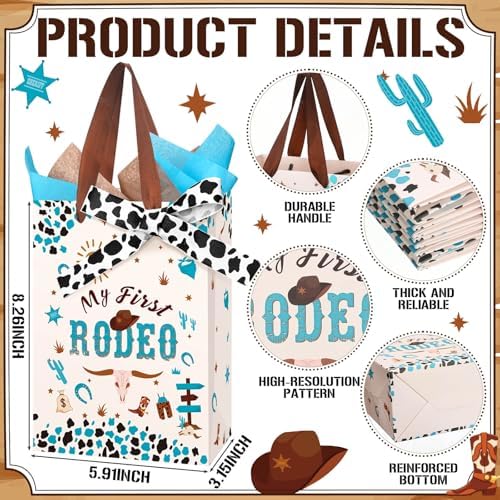 50 Pcs My First Rodeo Birthday Party Favors Bags with Handles for Guest Western Cowboy 1st Birthday Gift Bag with Tissue Paper Ribbons Cowboy Candy Bag My First Rodeo Party Supply(Blue) - Image 2
