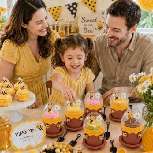 50Sets Bee Honey Jars Party Favors Bulk, Mini Plastic Bee Theme Honey Jar Pots Decoration with Spoon, Trays, 3D Stickers, And Markers for DIY Cupcake Dessert Baby Shower Wedding Party Gift Set - Image 6