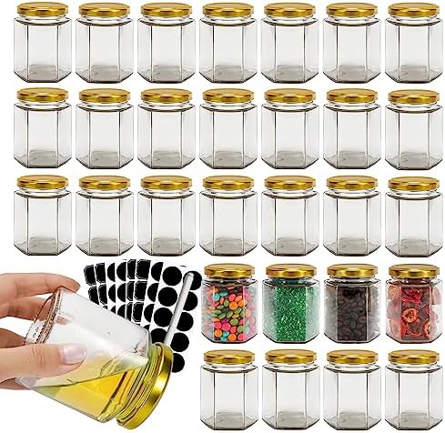 6 oz 30 Pack Hexagon Honey Jars, Glass Jars with Gold Lids by BIGIVACA