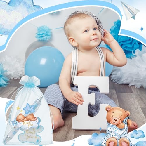 Chuangdi 50 Sets Baby Shower Favors Gifts for Guests Includes 50 Pcs Ballpoint Pens, Thank You Cards and Organza Bags(Blue Bear) - Image 6