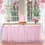 132in Baby Pink Tulle Table Skirts for Rectangle Tables 6ft 8ft, 2-Layer 11 ft Long Gold Grim Princess Pink Ruffle Tulle Tutu Table Skirt Cloth for Girl Birthday Baby Cake Dessert(No Table Cover) - Image 3